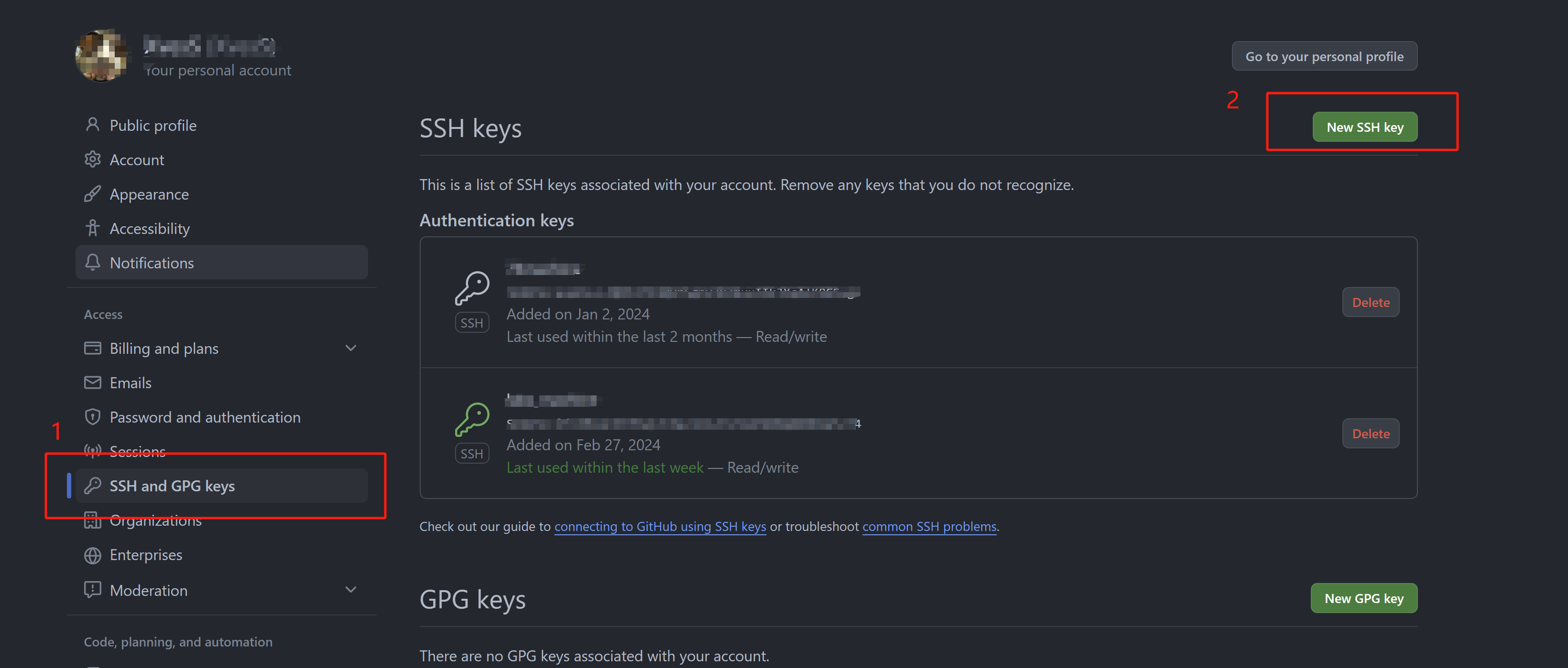 github settings 界面